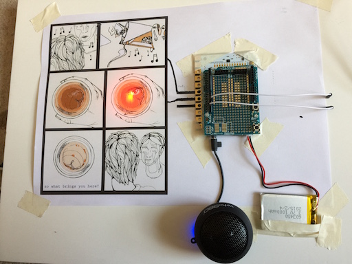 A page of The Price graphic novel wired up to a Bare Conductive Touch Board triggering a red glowing LED.